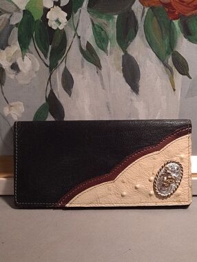 Artisan Handmade Southwestern Rodeo Bronco Black Cream Leather Wallet Concho